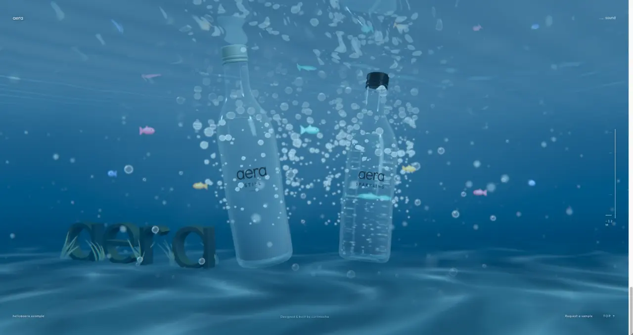 two glass water bottles drifting underwater among fish and bubbles