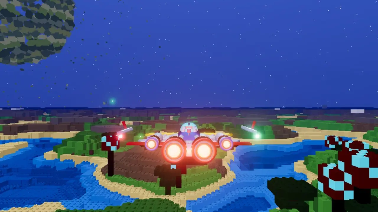 a brick-built fighter banking over a blocky island at night, engines glowing