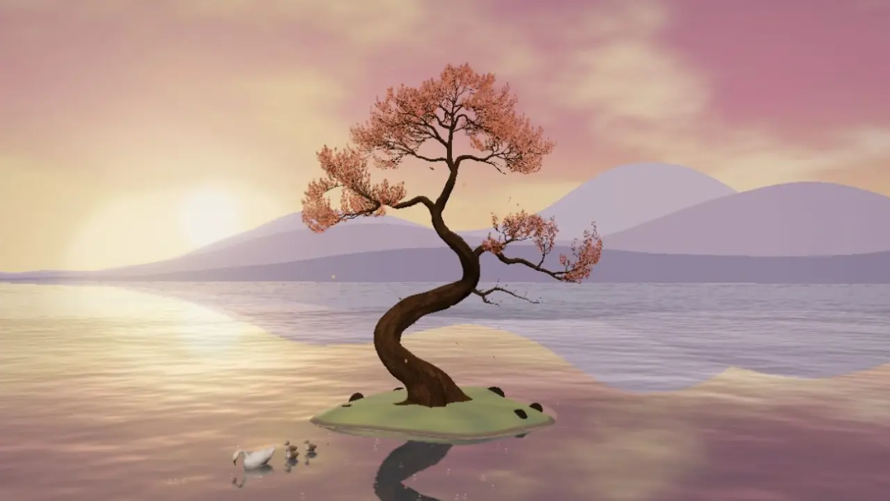 a twisted tree with pink leaves on a small island in still water at sunset, a swan and cygnets beside it