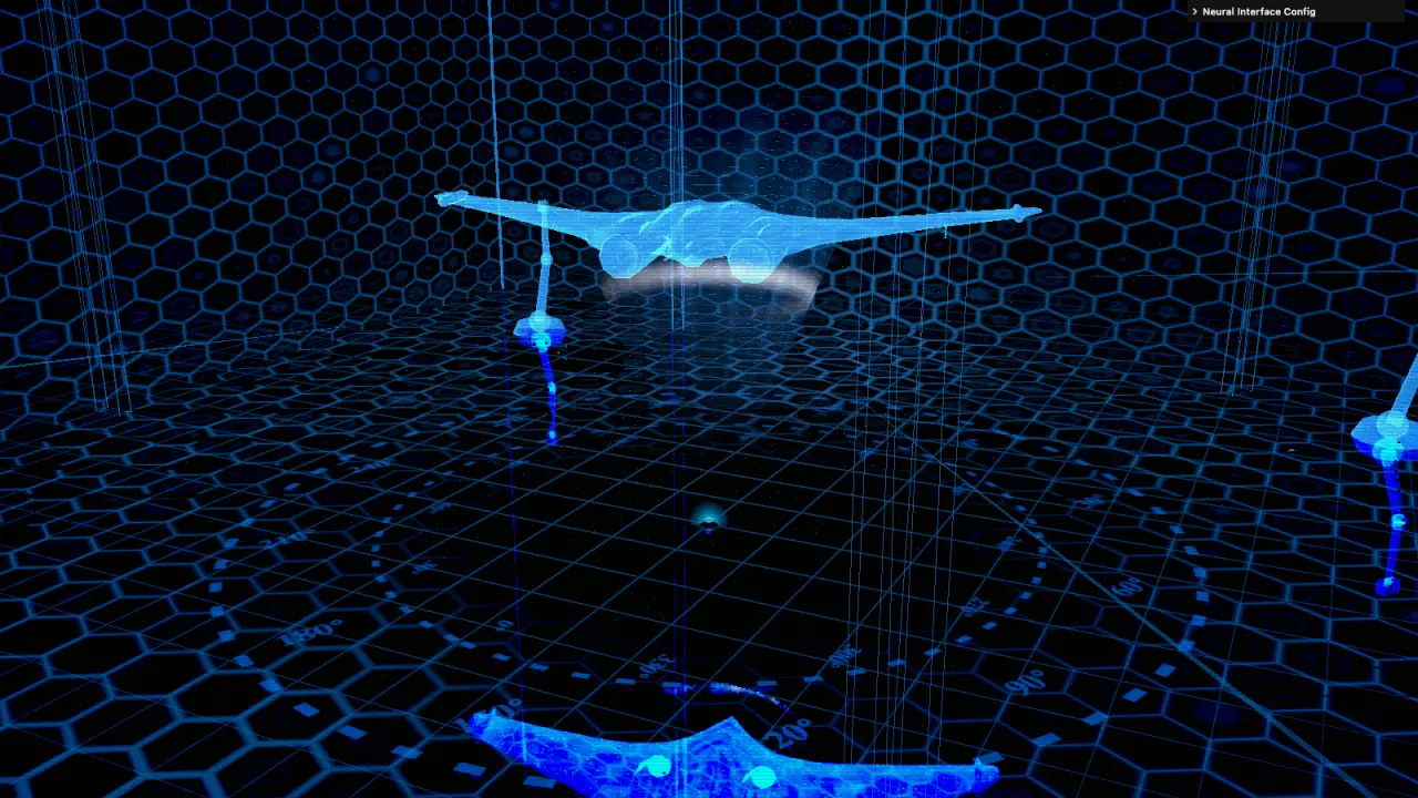 a blue wireframe hologram of a spacecraft hovering above a hexagonal grid