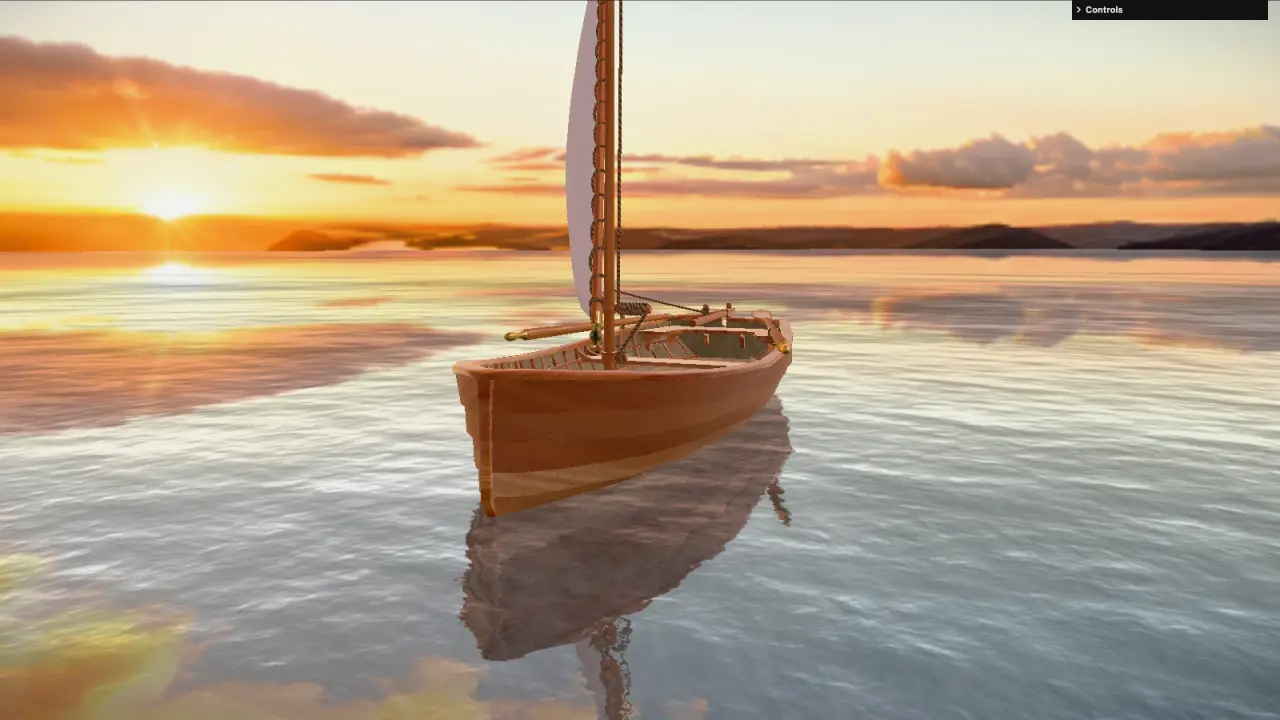 a small wooden sailboat on glassy water at sunset