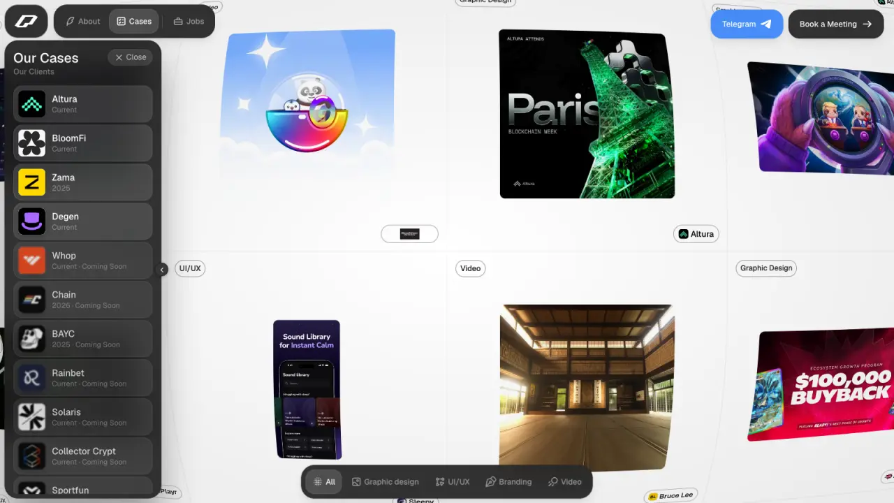 the polify studio site: a tilted wall of client work beside an open list of cases